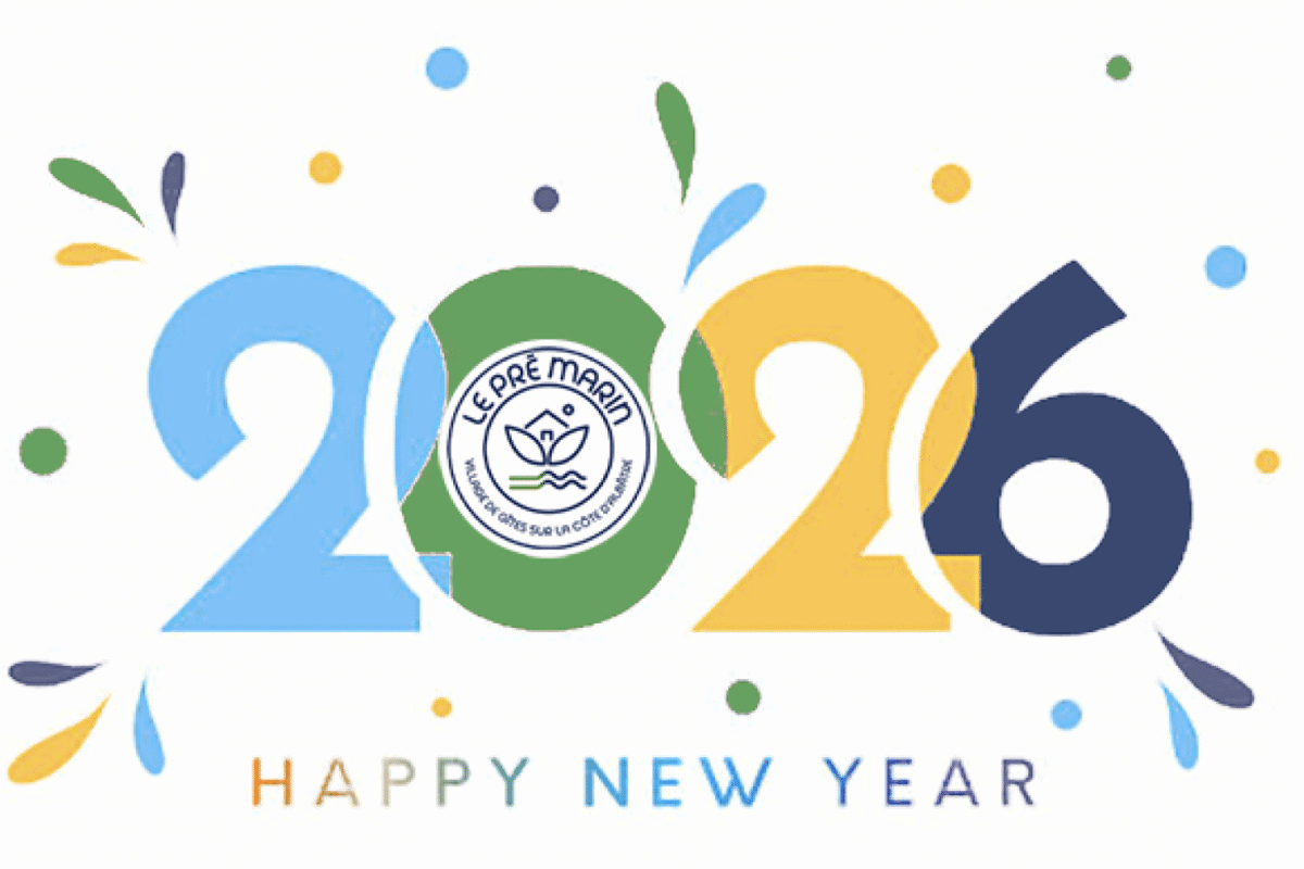 Vœux de bonne année 2026 avec logo et confettis colorés.
