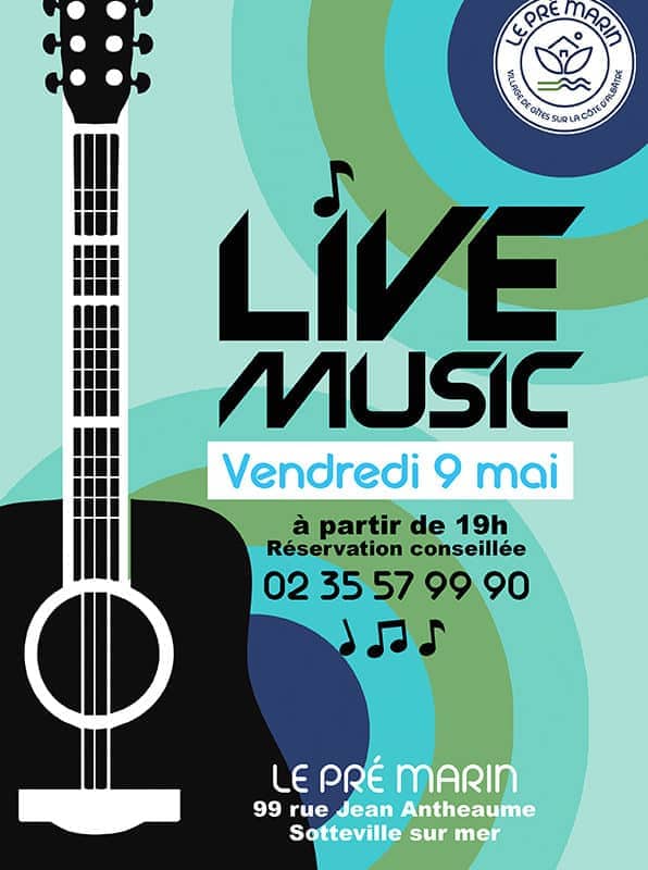 Affiche promotionnelle pour un concert de musique live au Pré Marin le vendredi 9 mai à partir de 19h.